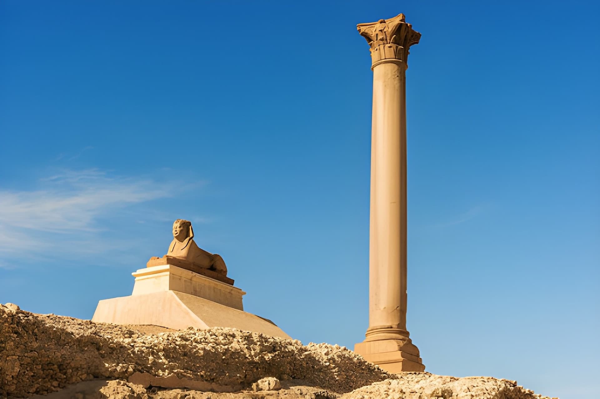 The granite shaft of Pompey's Pillar rising above a sphinx on the ruined Serapeum hill in Alexandria