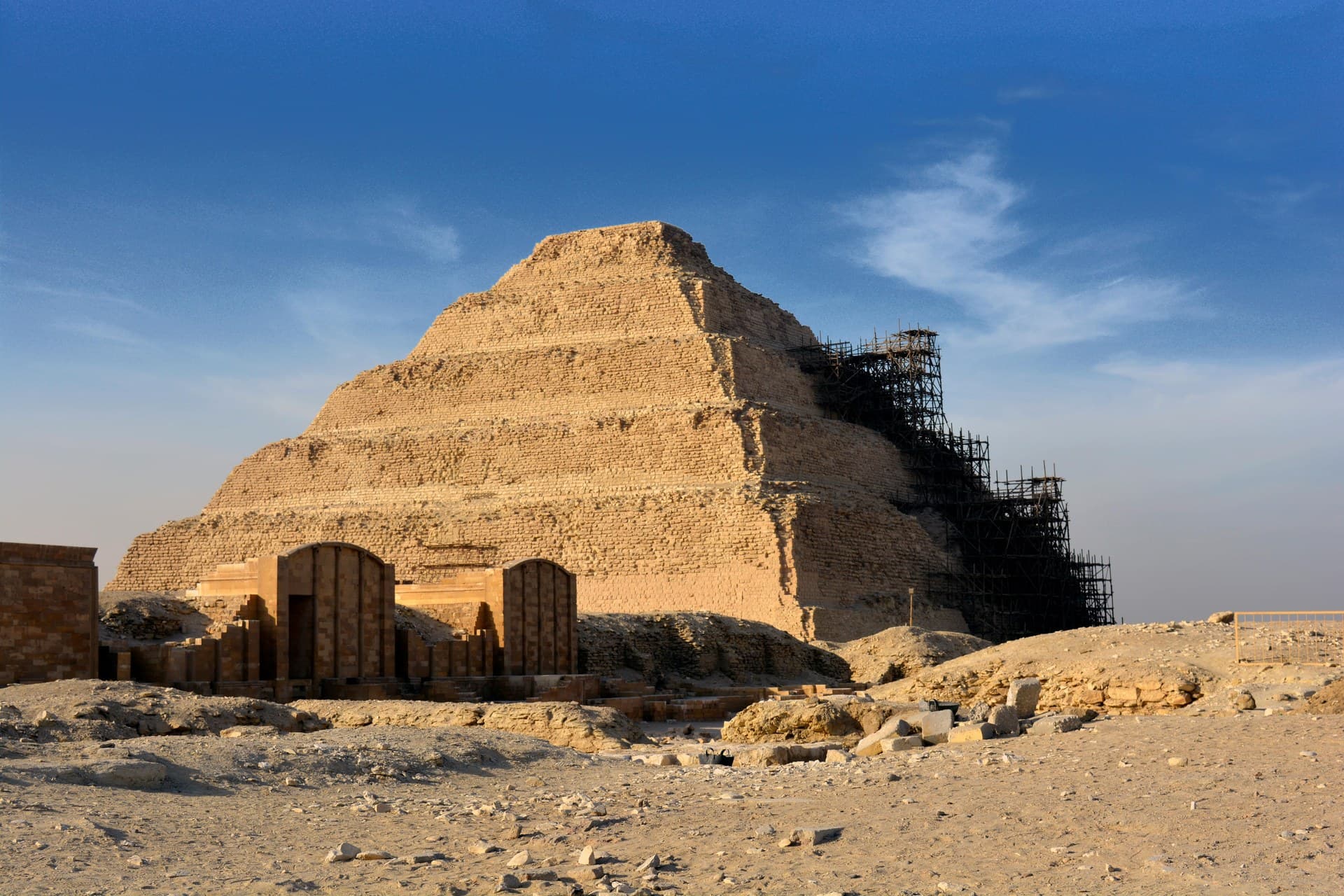The six stepped tiers of the Step Pyramid of Djoser rising above the desert at Saqqara