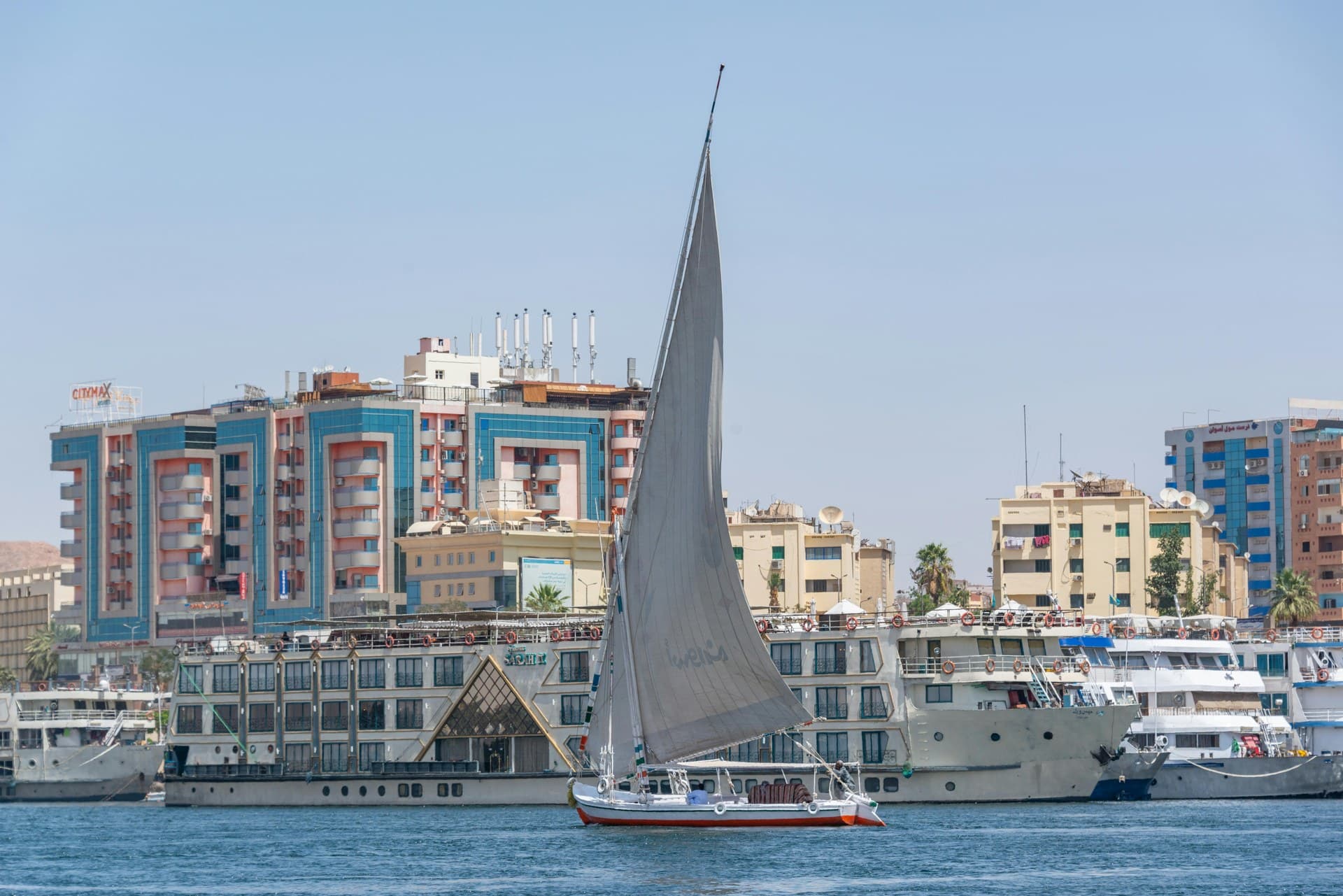 A Nile cruise boat moored on the river bank with palms along the shore