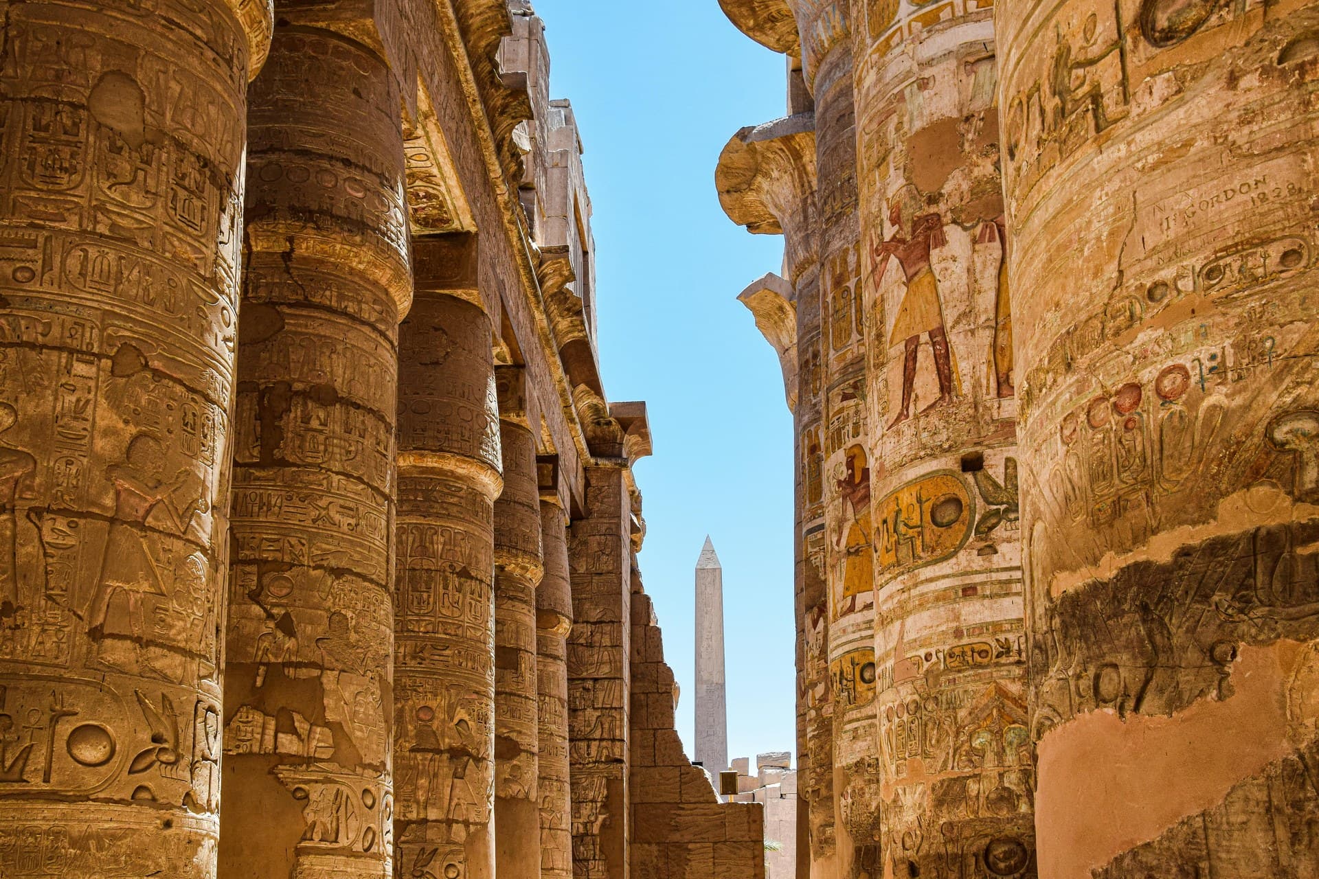 Carved column capitals at Karnak Temple in Luxor