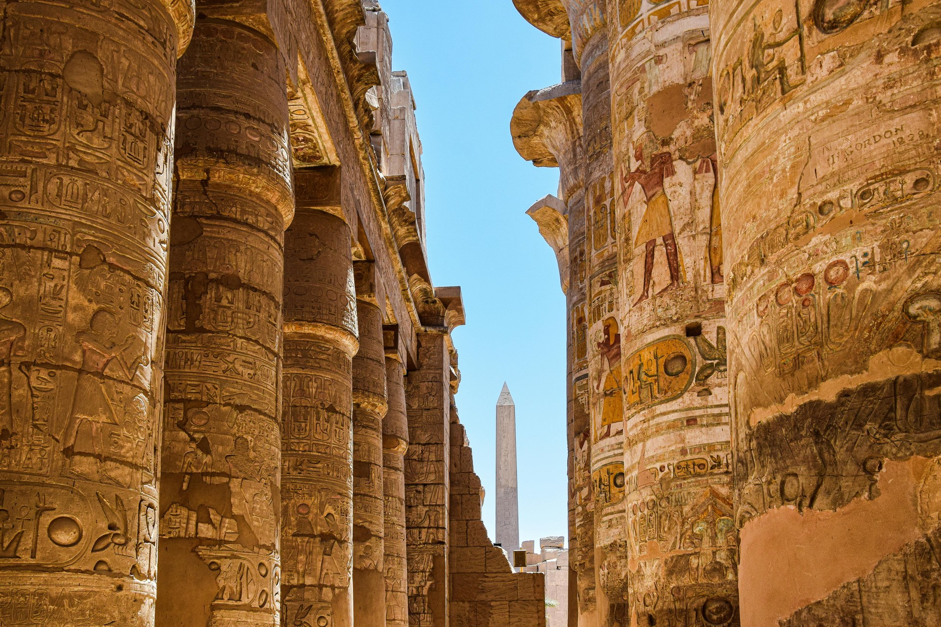 Carved column capitals at Karnak Temple in Luxor