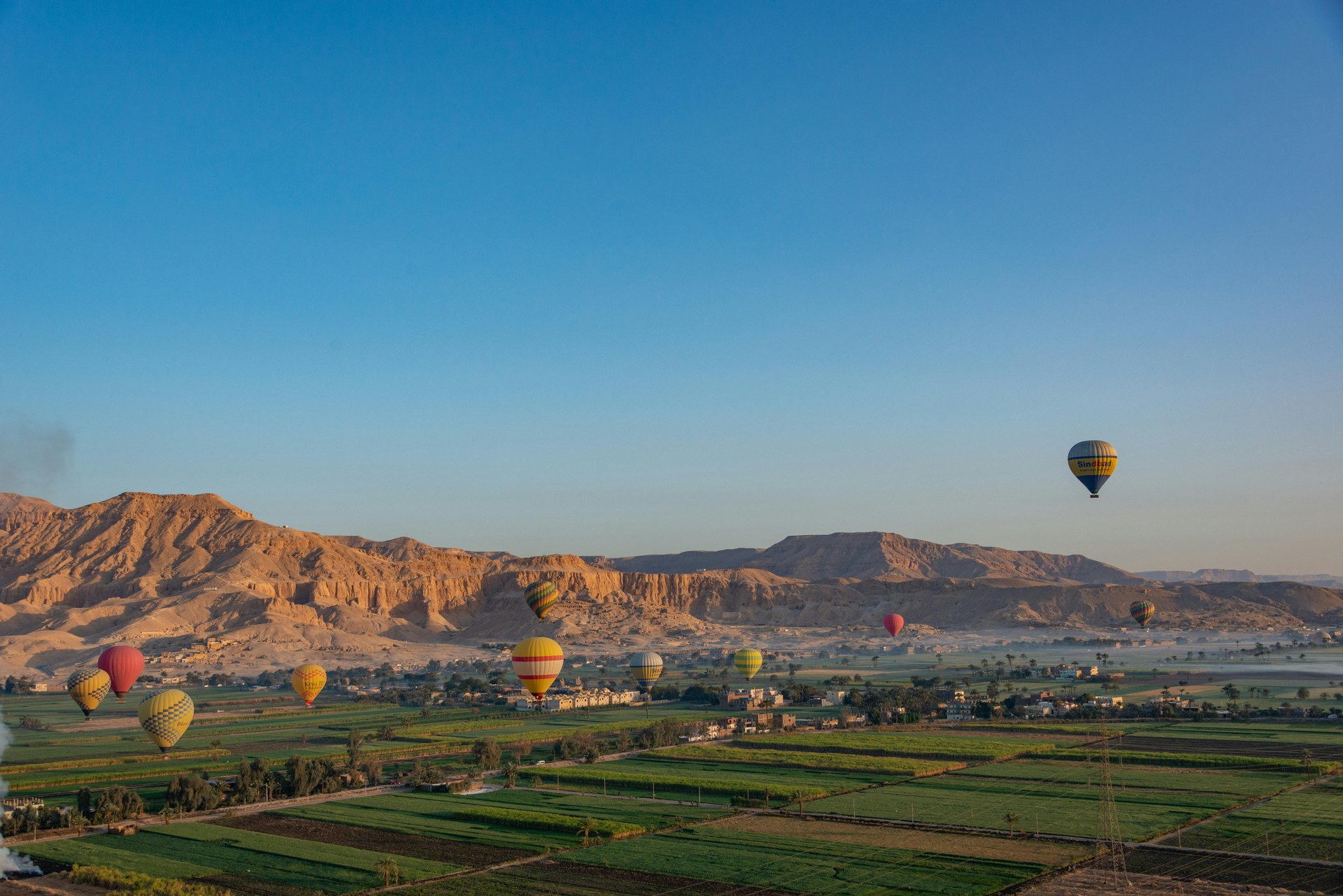 Hot air balloons over the west bank at Luxor shortly after sunrise